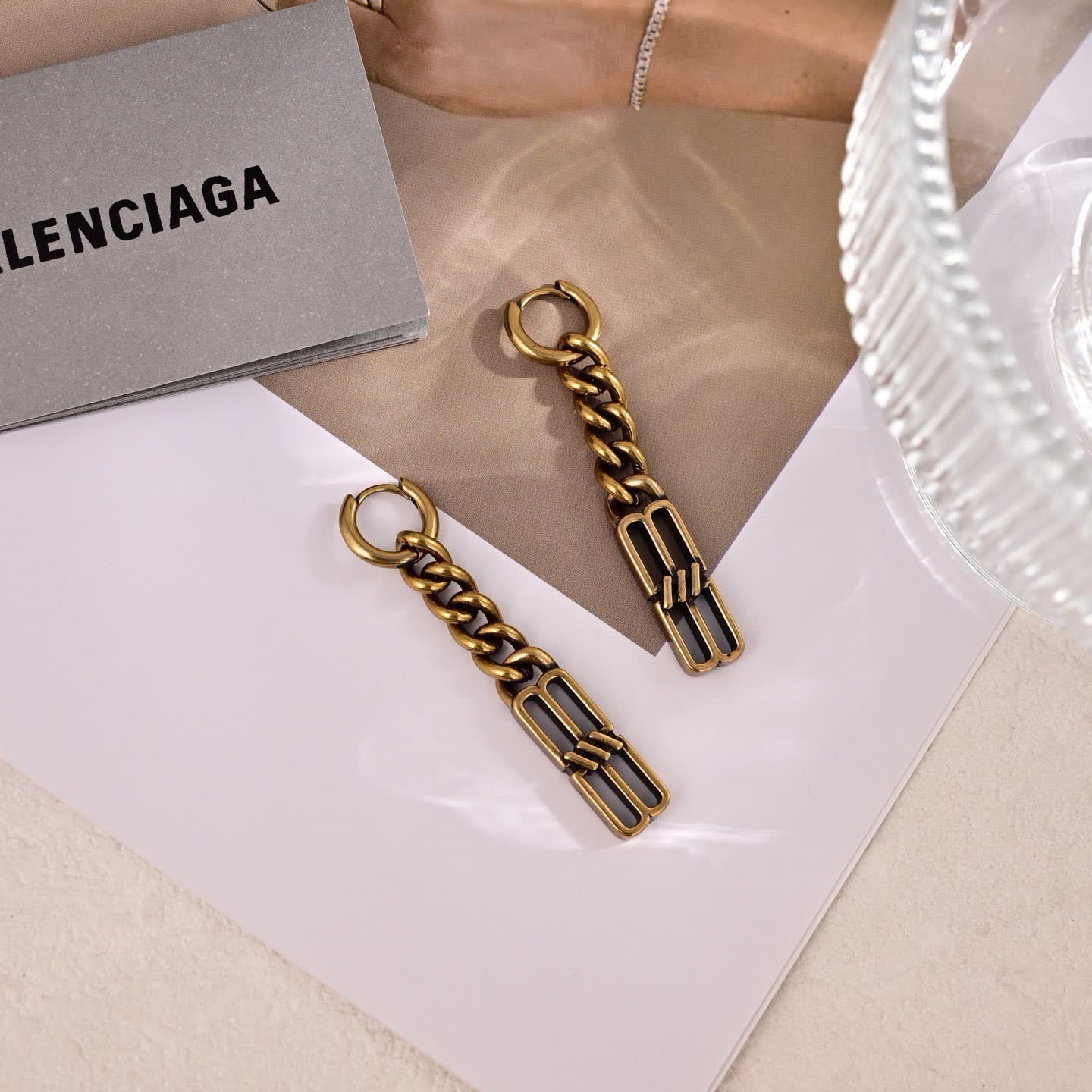 Balenciaga Earrings - Gold Chain with Logo Design