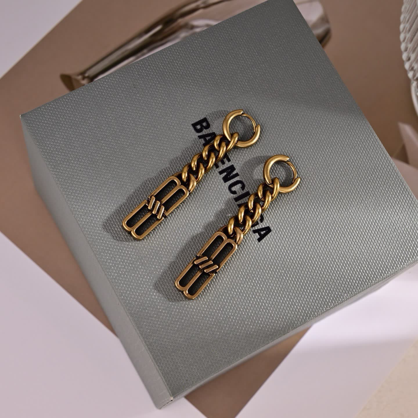 Balenciaga Earrings - Gold Chain with Logo Design