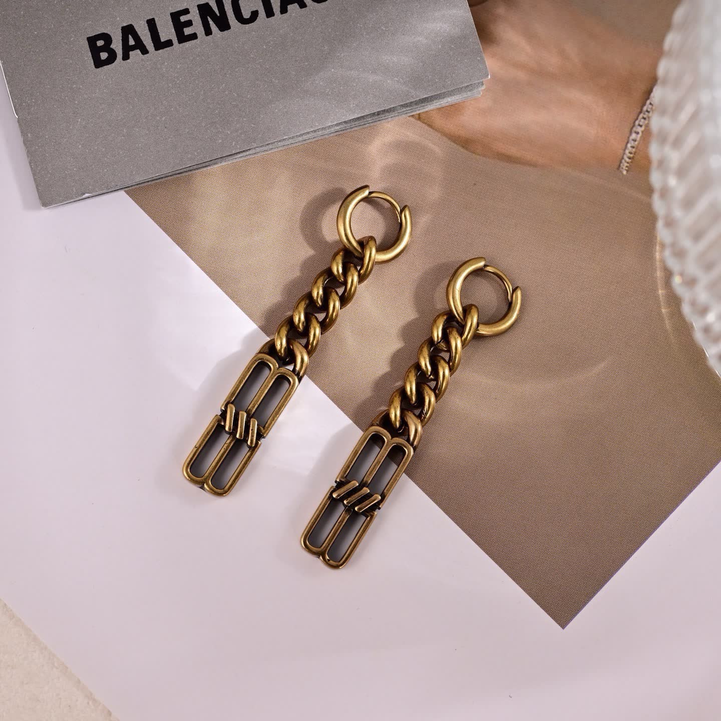 Balenciaga Earrings - Gold Chain with Logo Design