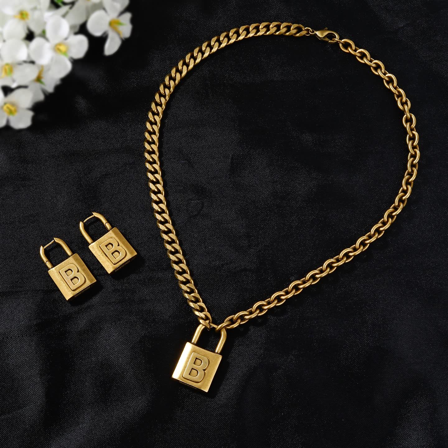 Balenciaga Bling Jewelry Lock Design Gold Plated Necklace and Earrings Set