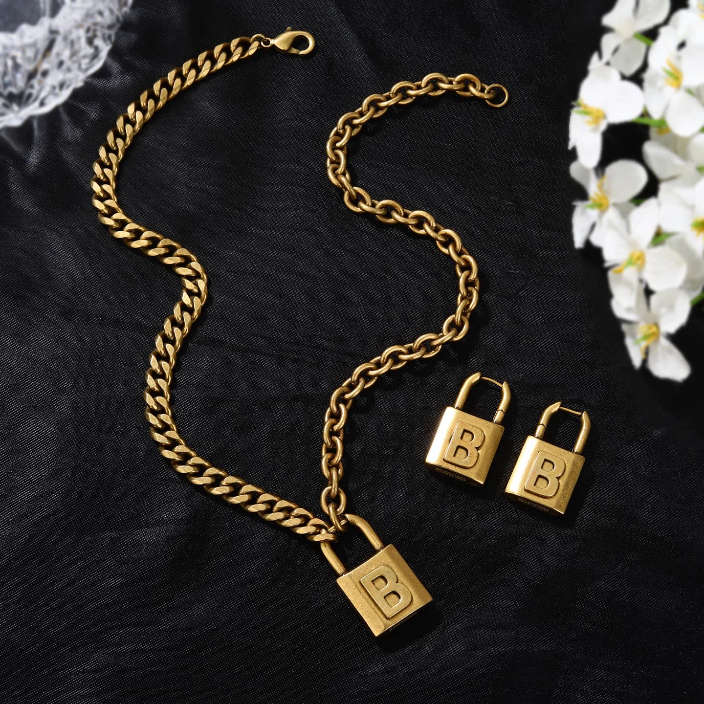 Balenciaga Bling Jewelry Lock Design Gold Plated Necklace and Earrings Set