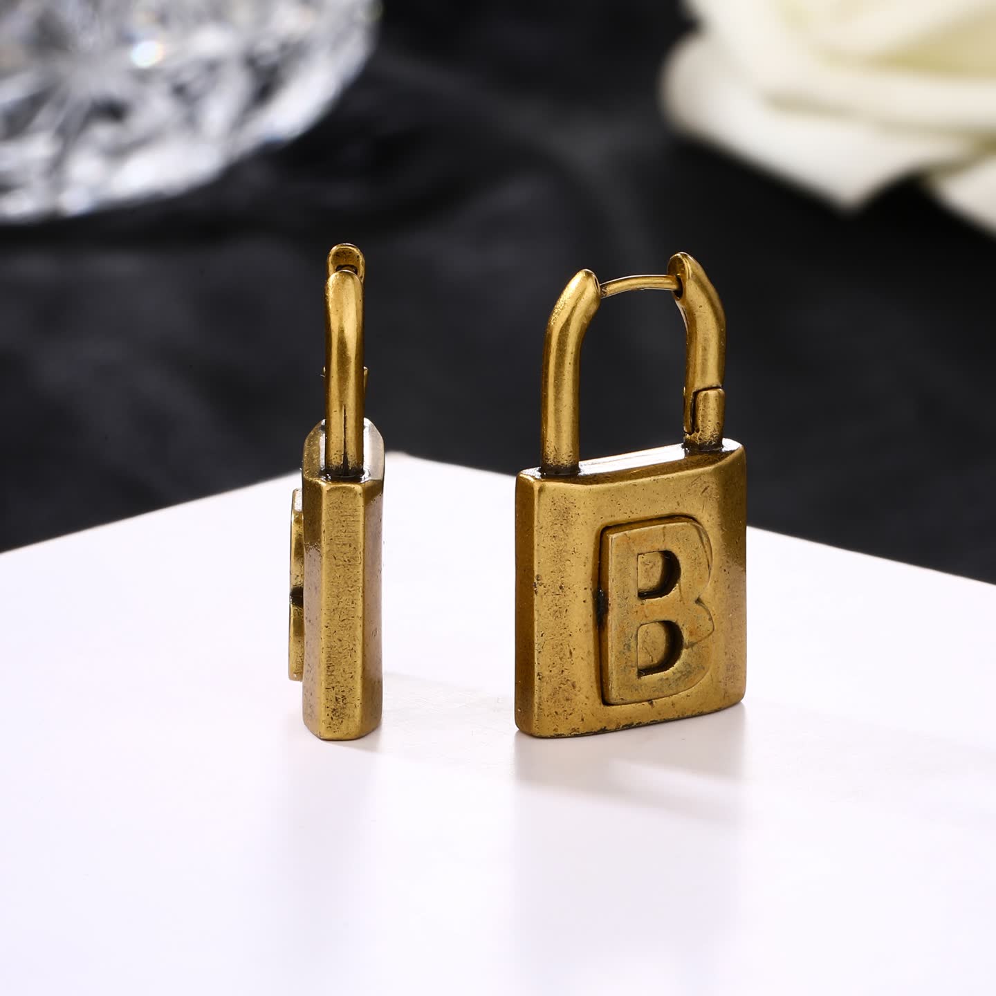Balenciaga Bling Jewelry Lock Design Gold Plated Necklace and Earrings Set