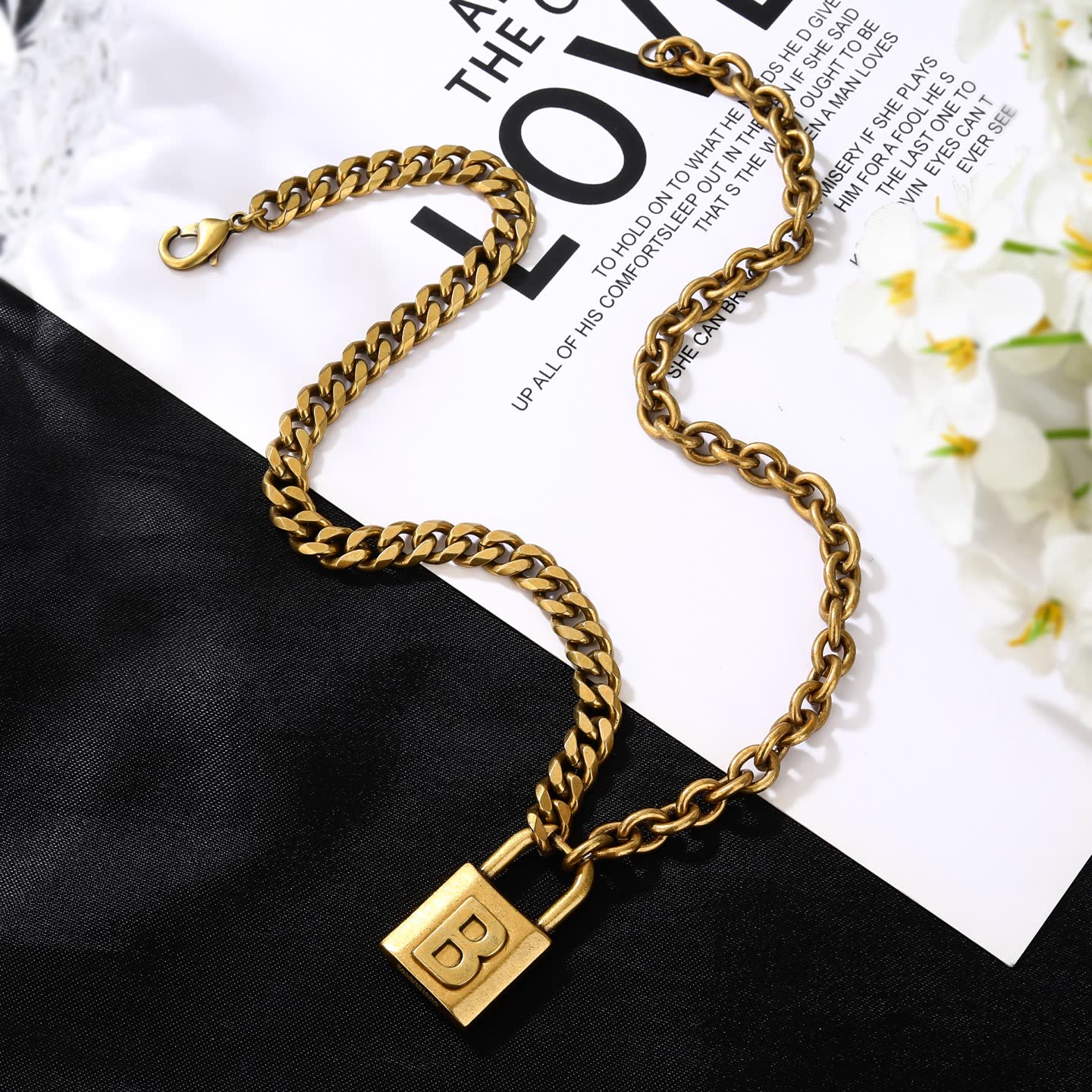 Balenciaga Bling Jewelry Lock Design Gold Plated Necklace and Earrings Set