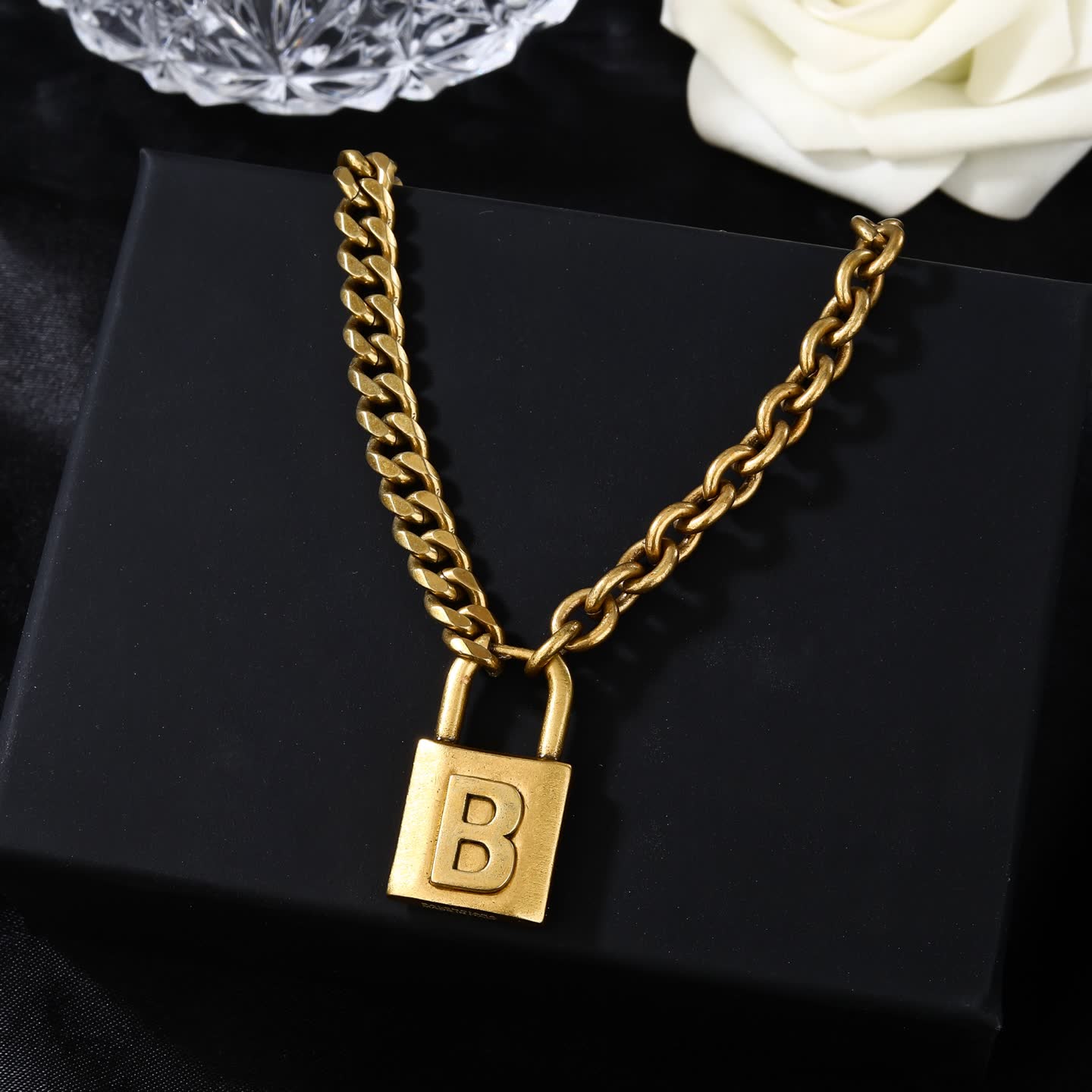 Balenciaga Bling Jewelry Lock Design Gold Plated Necklace and Earrings Set