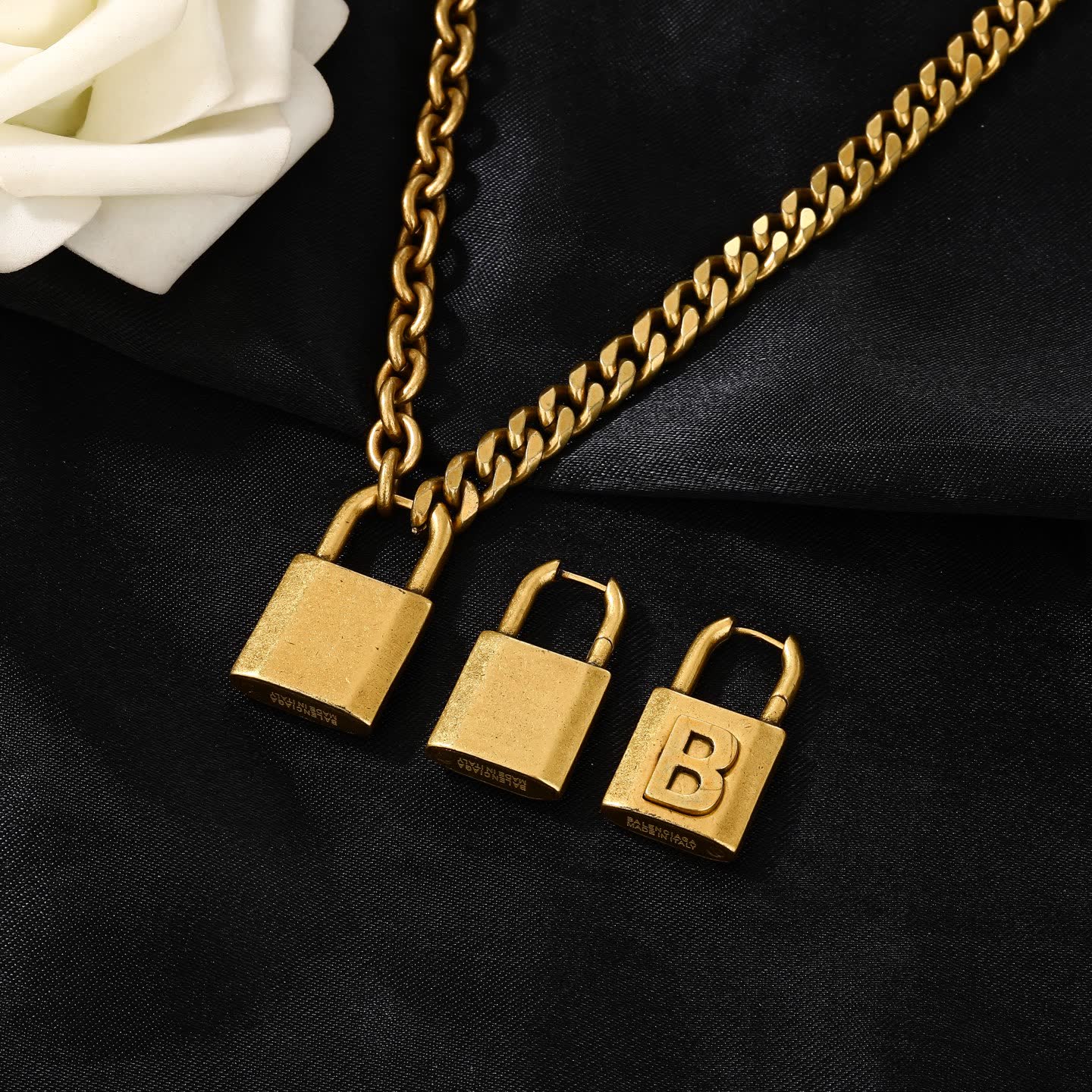 Balenciaga Bling Jewelry Lock Design Gold Plated Necklace and Earrings Set