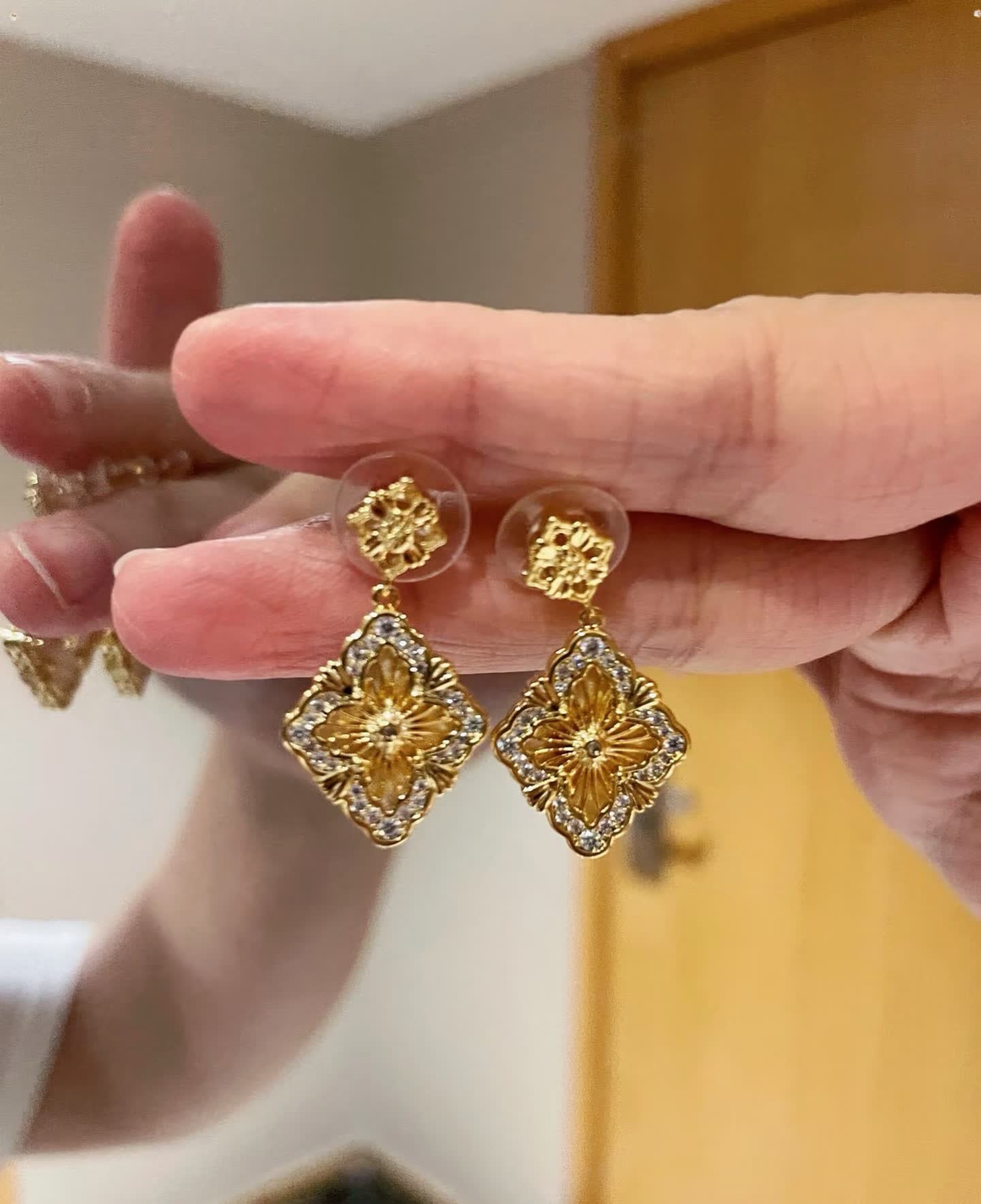 Buccellati Elegant Gold-Tone Filigree Drop Earrings with Crystal Accents