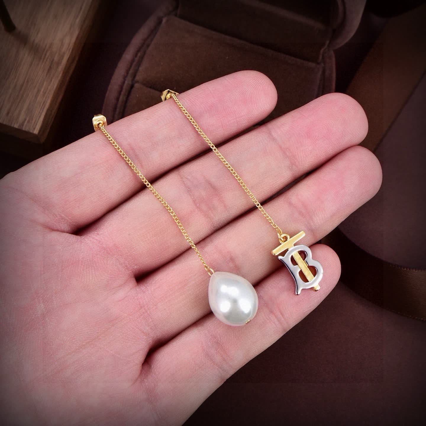 Burberry Gold Chain Earrings with Pearl and Logo Charm