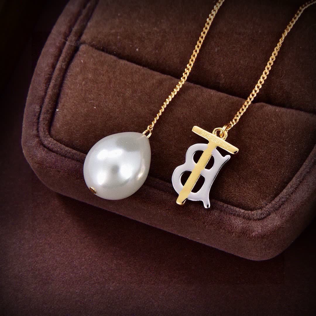 Burberry Gold Chain Earrings with Pearl and Logo Charm
