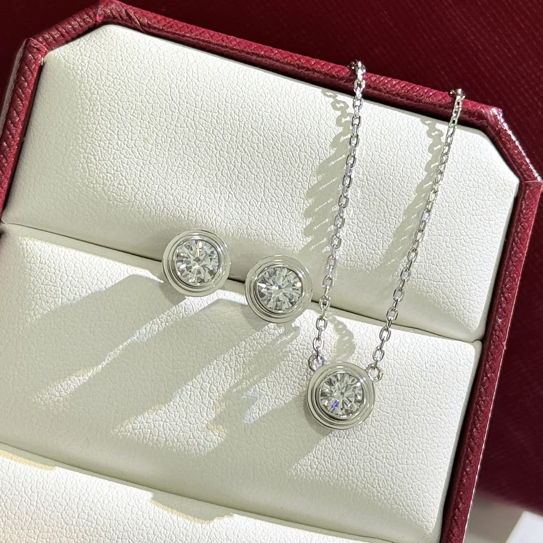 Cartier Elegant Silver Diamond Stud Earrings and Pendant Set