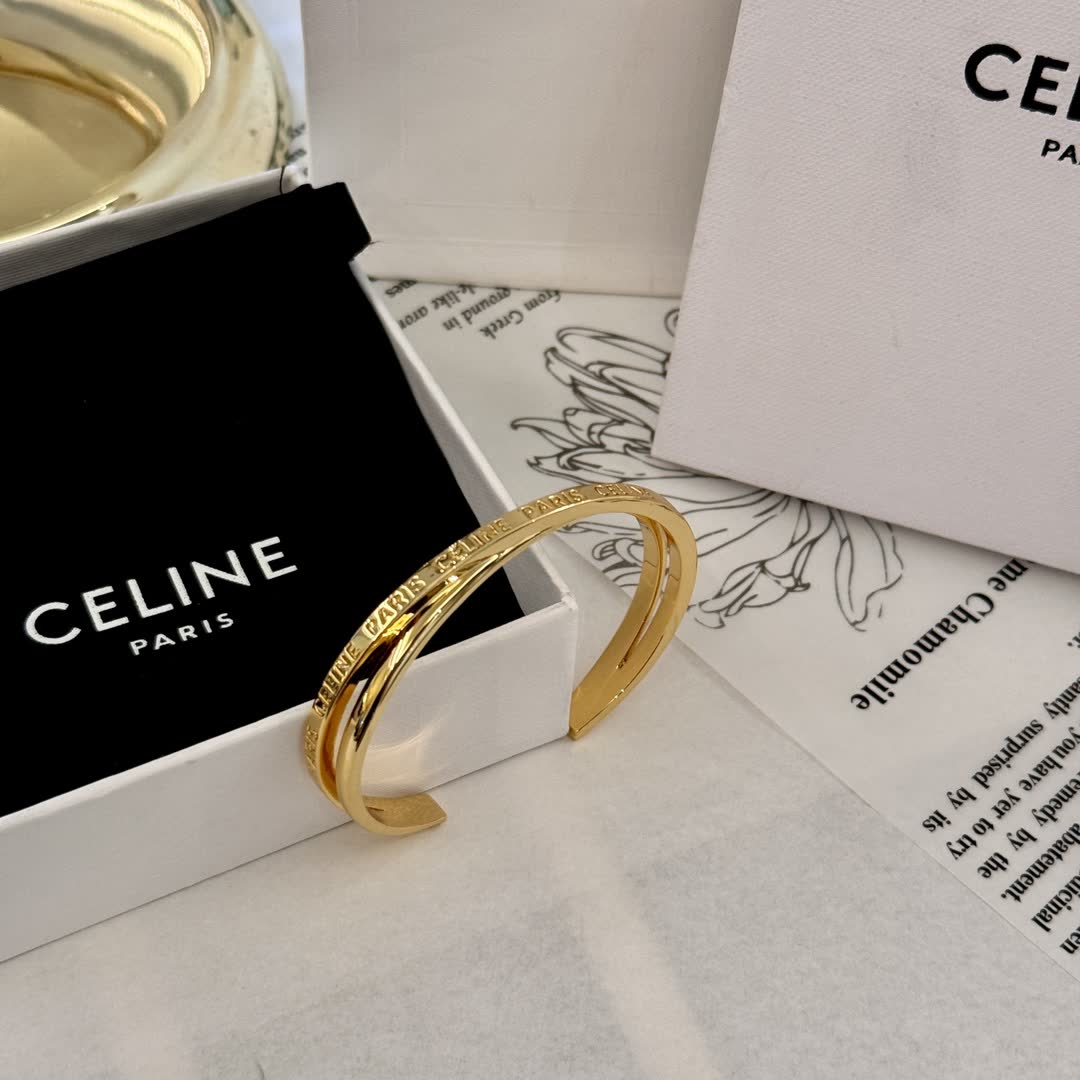 Celine Gold Tone Engraved Bracelet