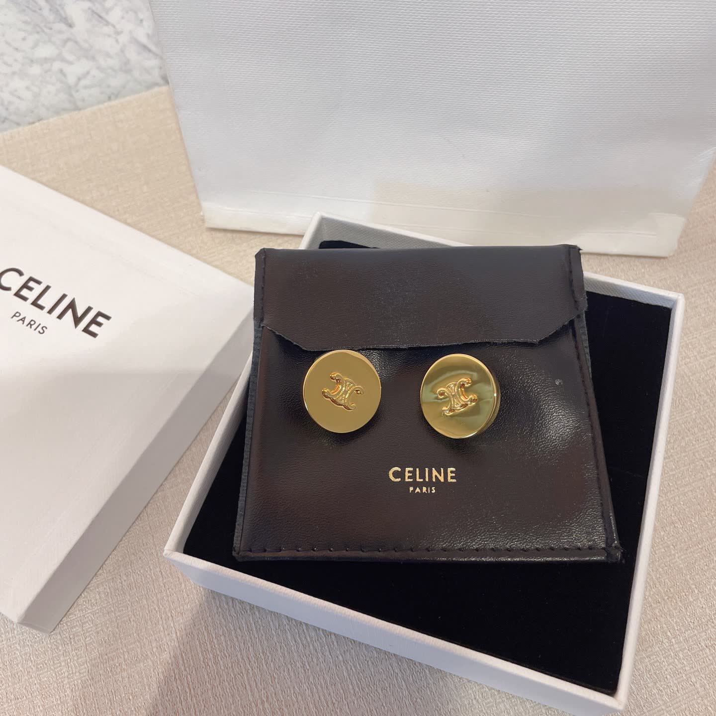 Celine Paris Gold Tone Logo Stud Earrings