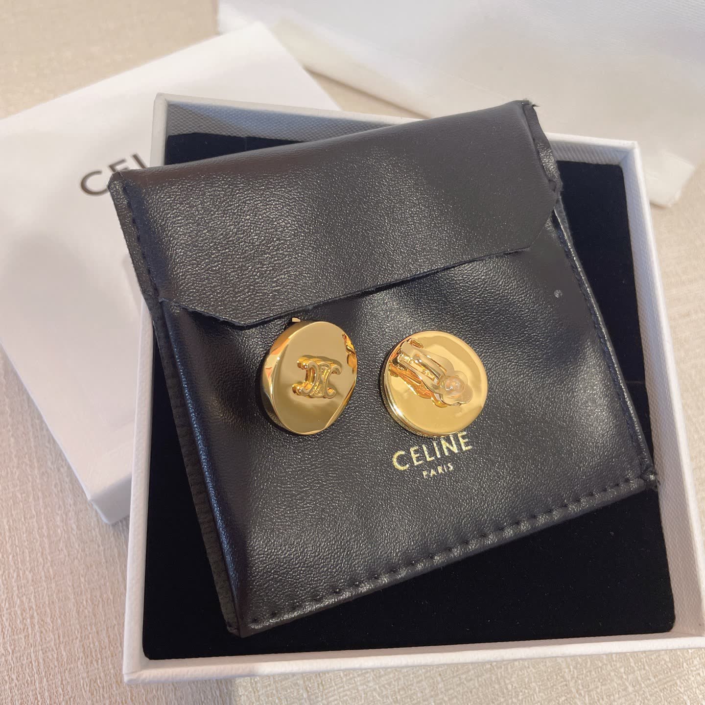 Celine Paris Gold Tone Logo Stud Earrings