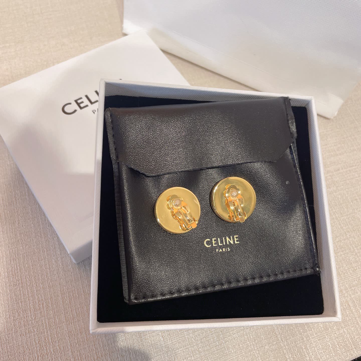 Celine Paris Gold Tone Logo Stud Earrings