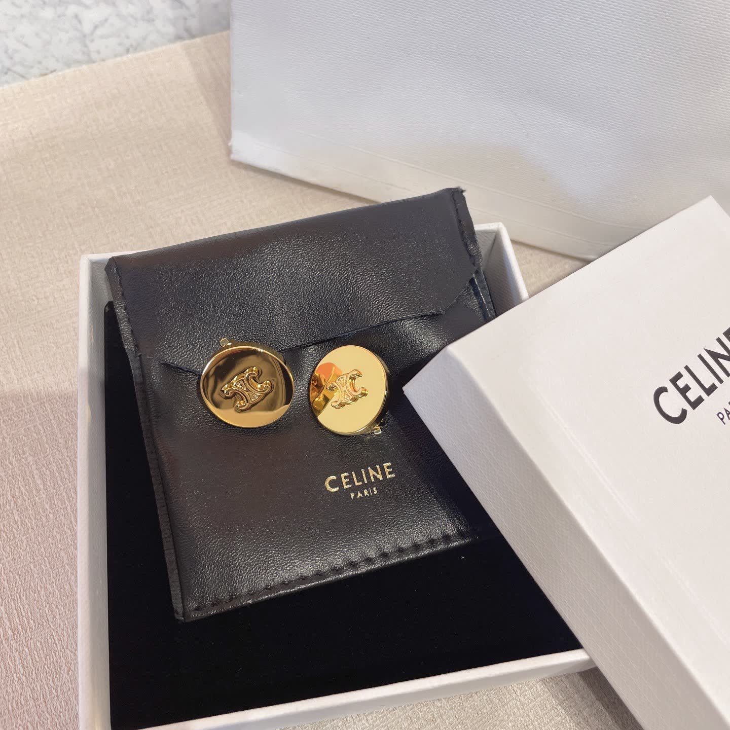 Celine Paris Gold Tone Logo Stud Earrings