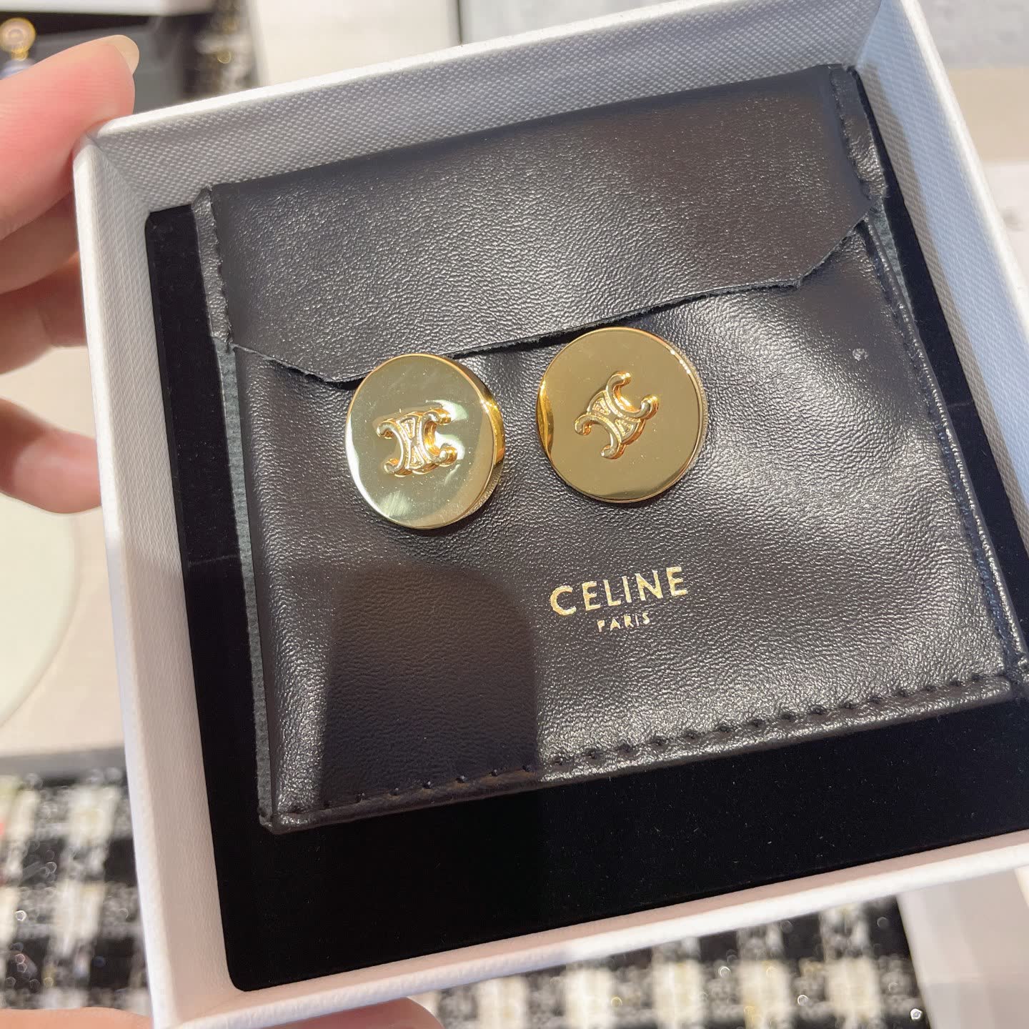 Celine Paris Gold Tone Logo Stud Earrings