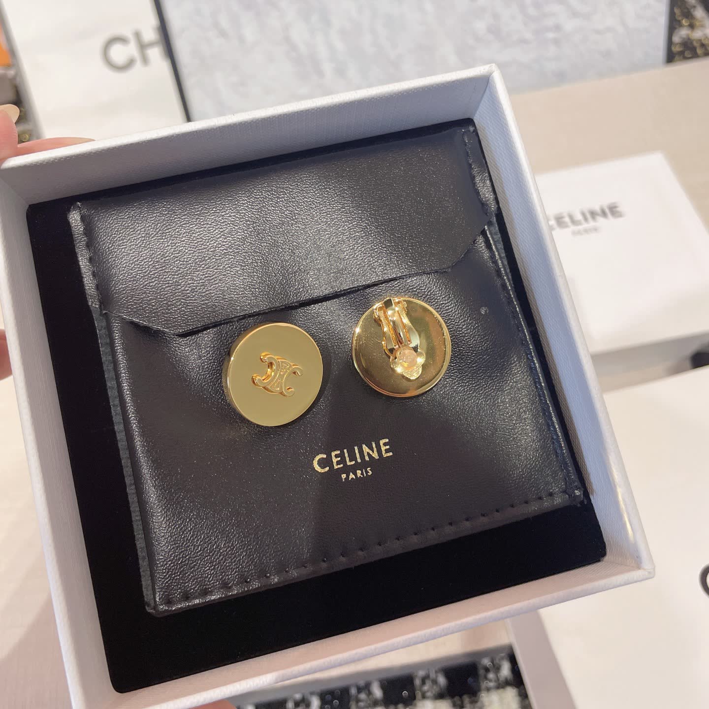 Celine Paris Gold Tone Logo Stud Earrings