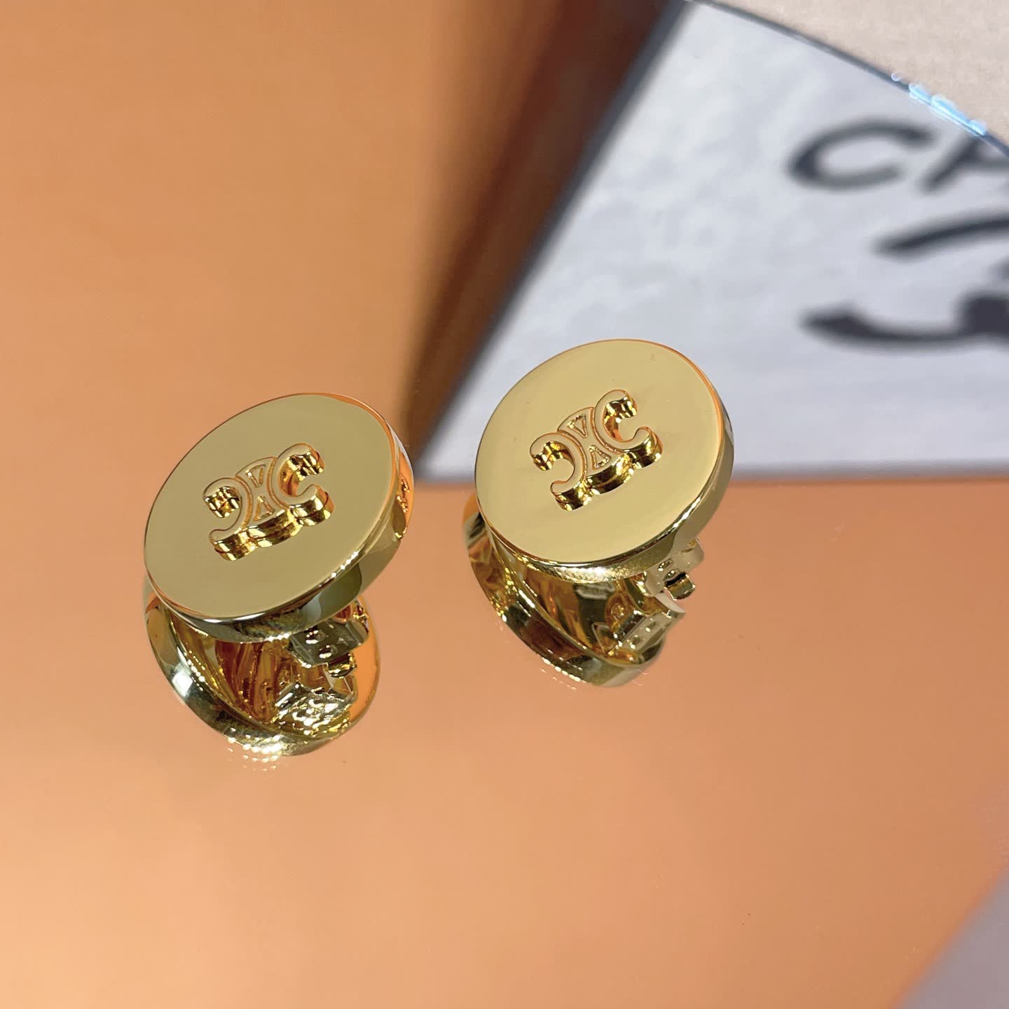 Celine Paris Gold Tone Logo Stud Earrings