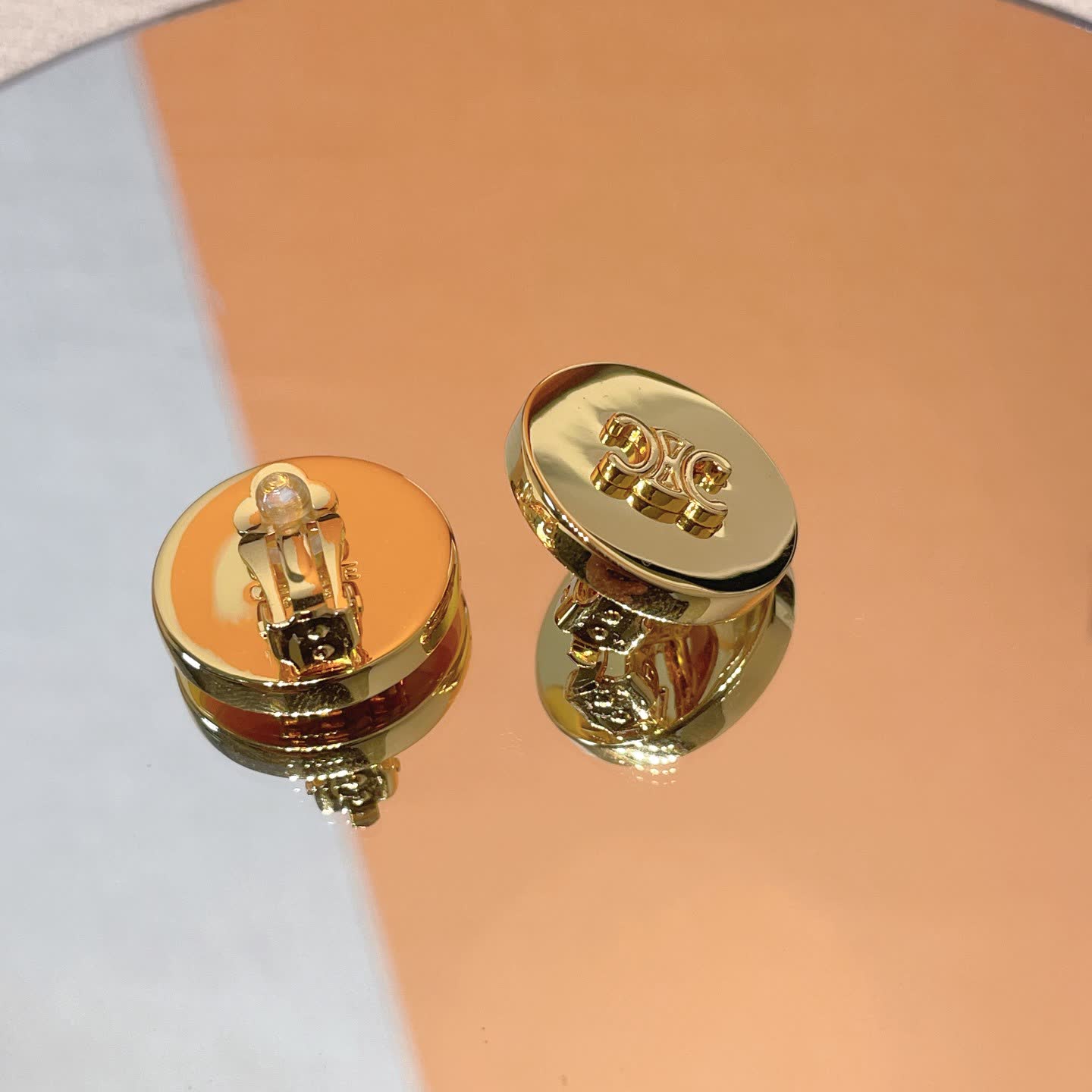 Celine Paris Gold Tone Logo Stud Earrings
