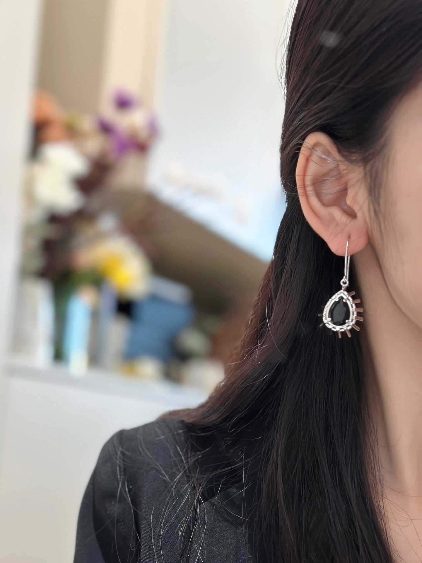 Celine Silver Teardrop Earrings with Black Gemstone