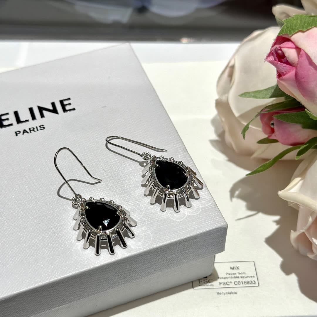 Celine Silver Teardrop Earrings with Black Gemstone