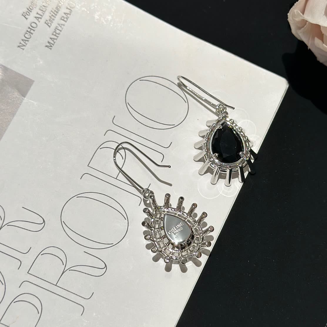 Celine Silver Teardrop Earrings with Black Gemstone