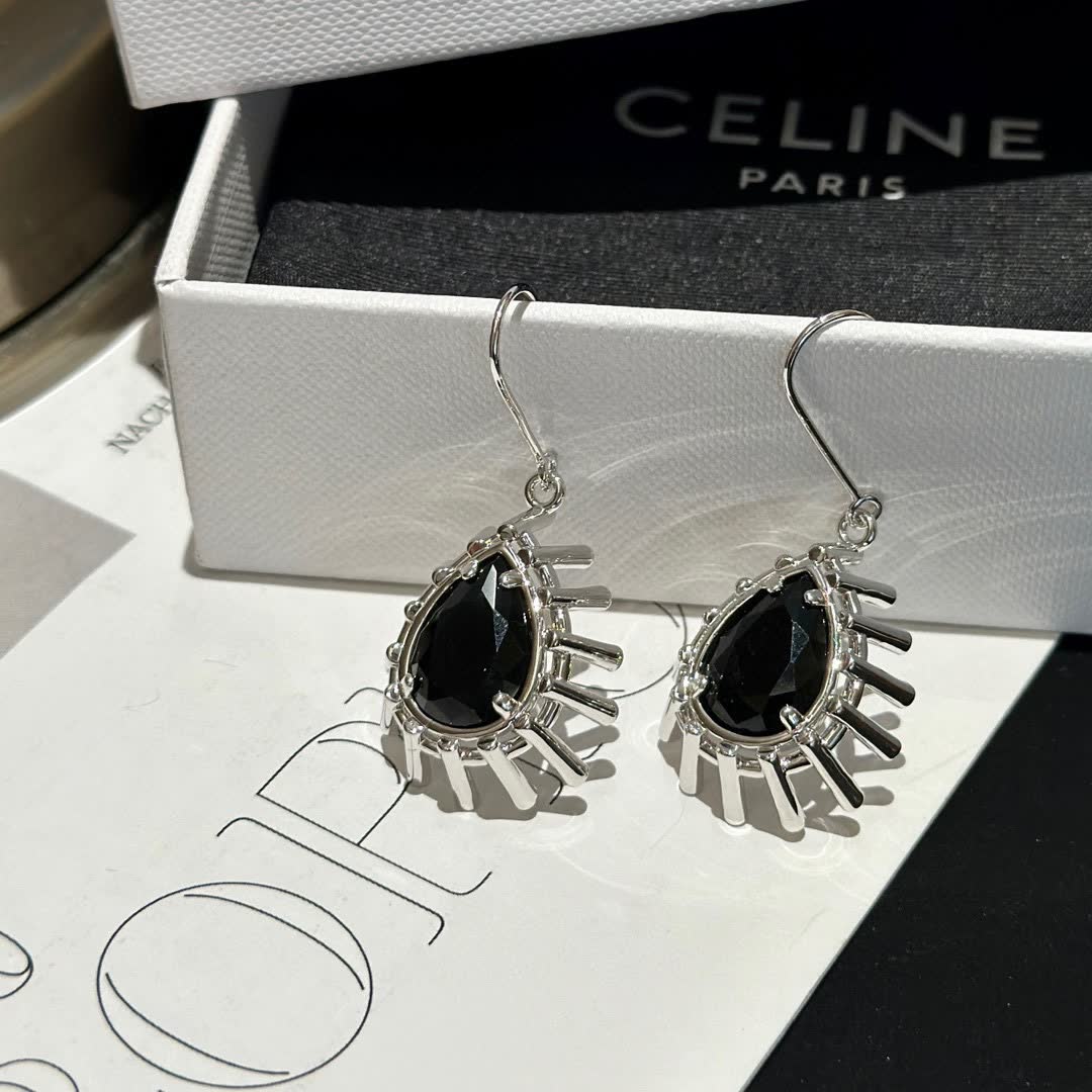 Celine Silver Teardrop Earrings with Black Gemstone