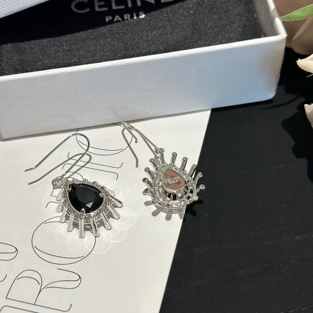 Celine Silver Teardrop Earrings with Black Gemstone