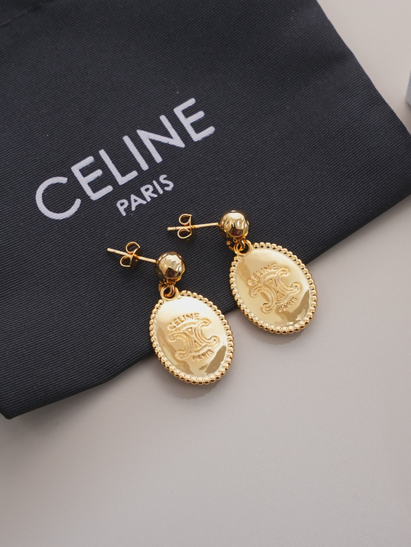 Celine Paris Gold Tone Logo Earrings