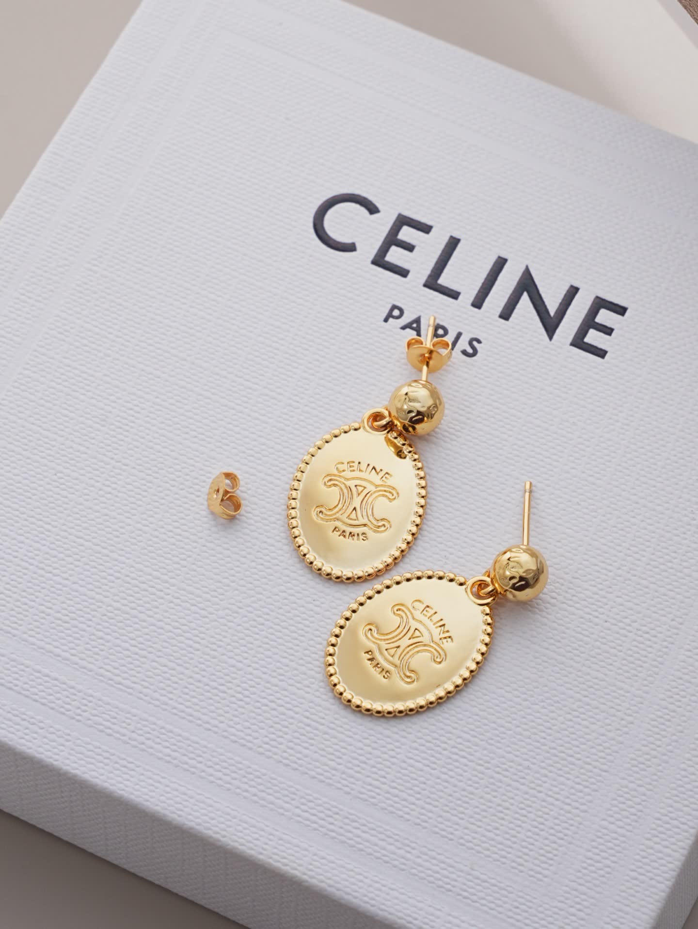 Celine Paris Gold Tone Logo Earrings