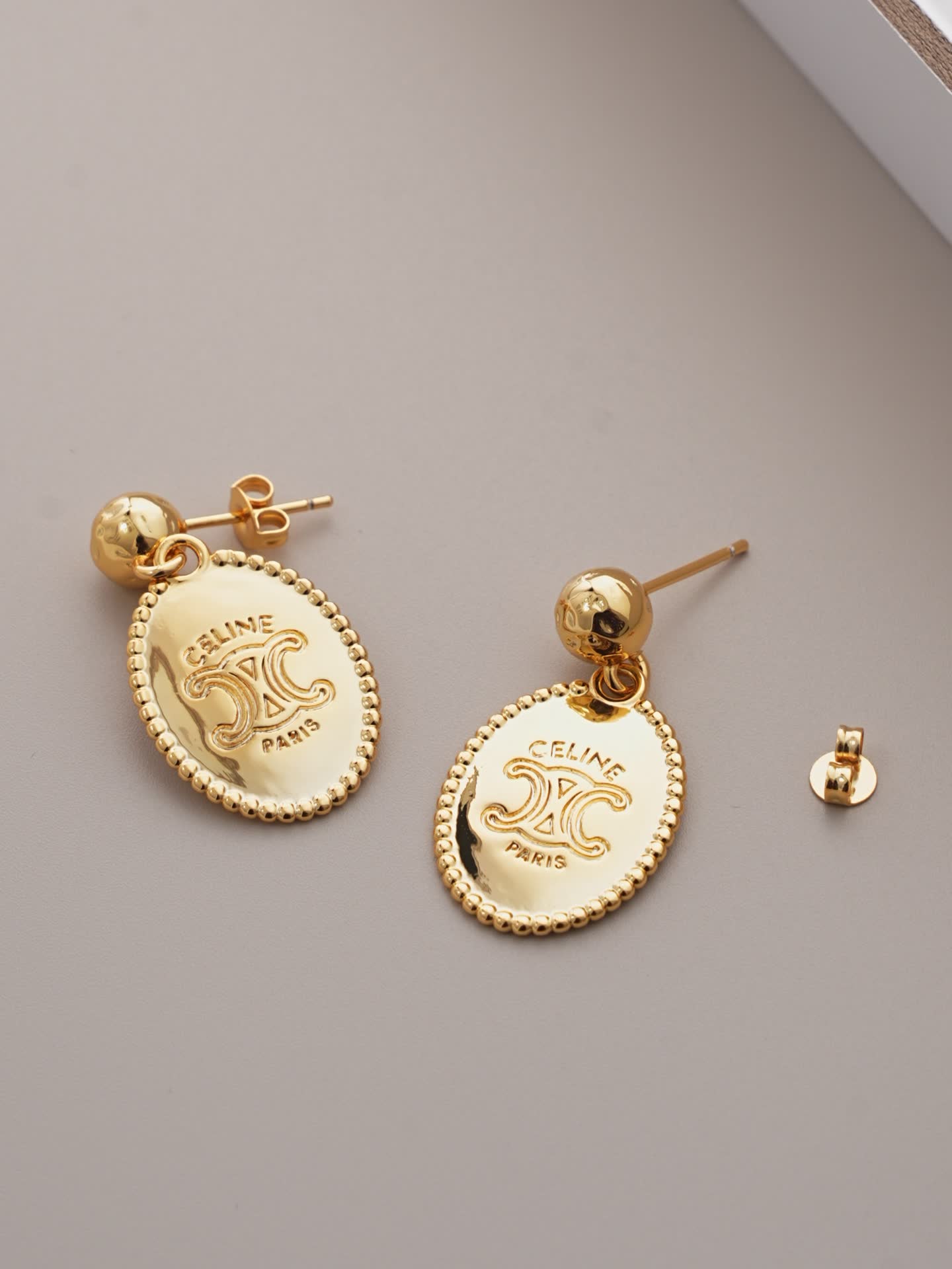 Celine Paris Gold Tone Logo Earrings