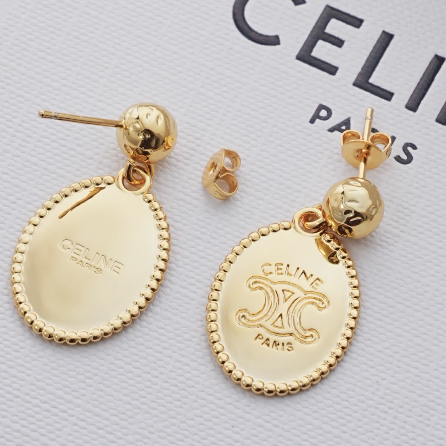 Celine Paris Gold Tone Logo Earrings