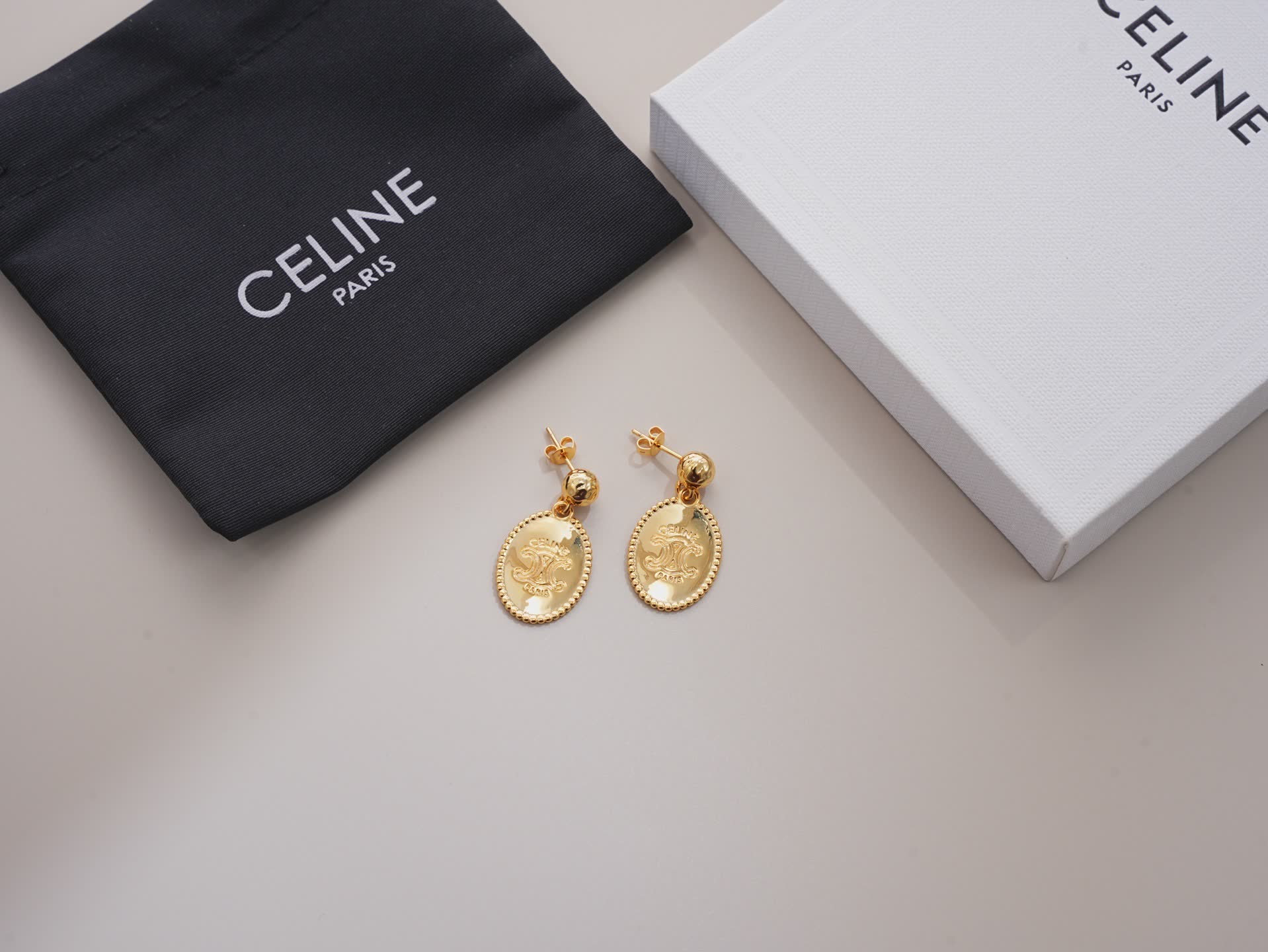 Celine Paris Gold Tone Logo Earrings