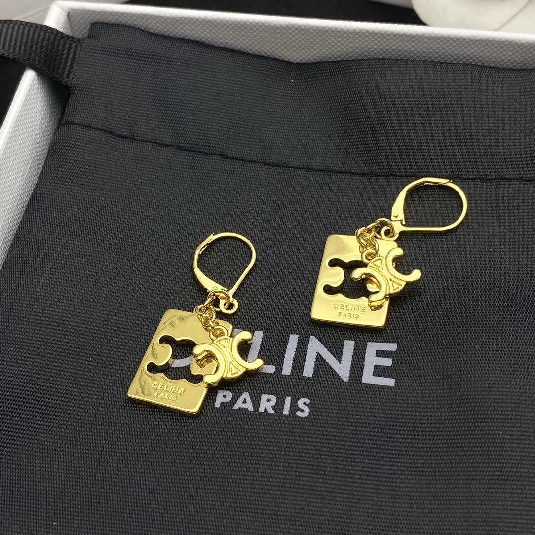 Celine Gold Square Earrings with intricate design