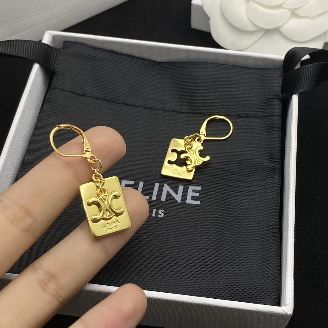 Celine Gold Square Earrings with intricate design