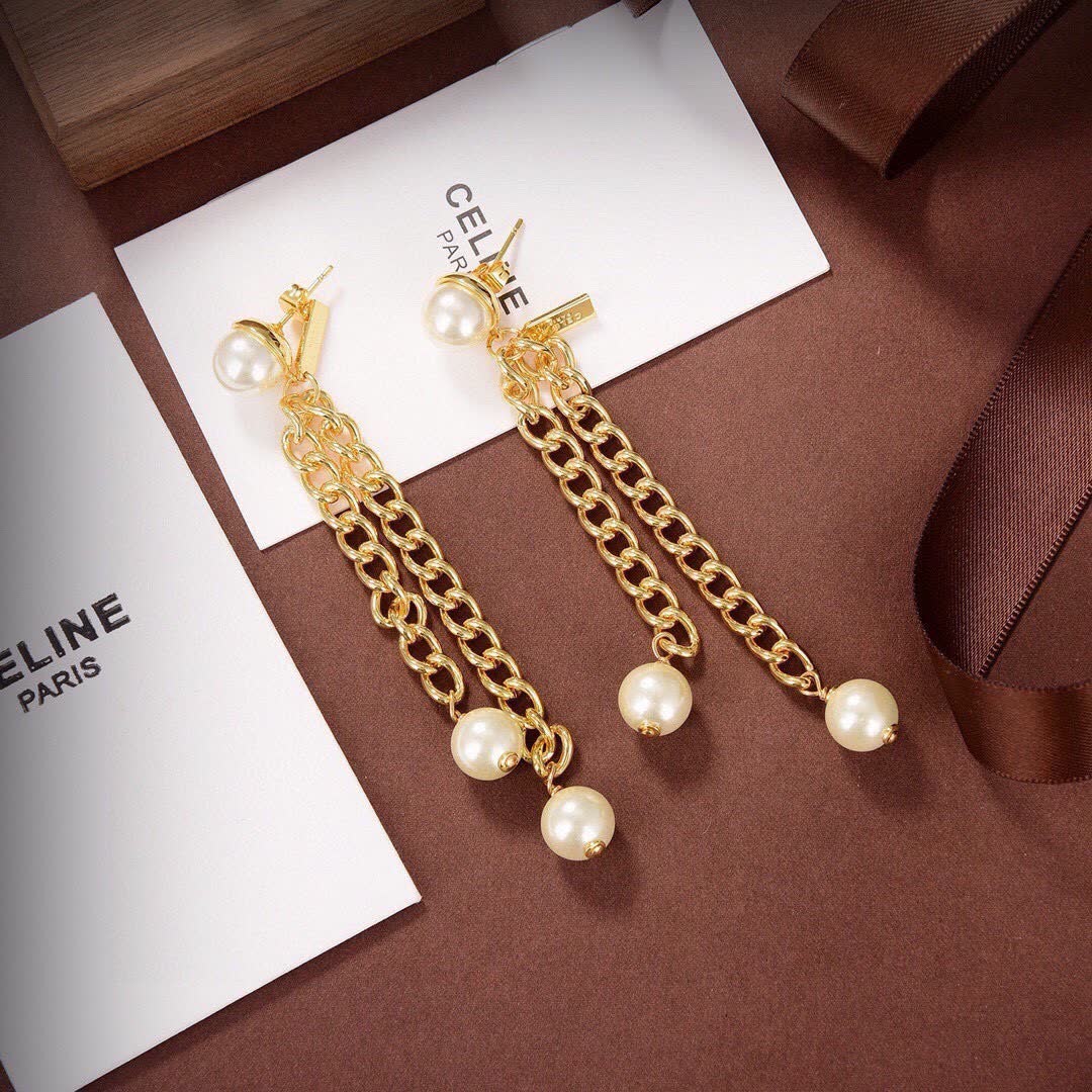 Celine Gold Chain Pearl Drop Earrings