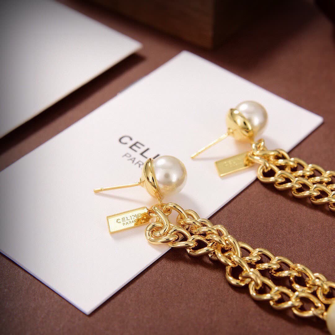 Celine Gold Chain Pearl Drop Earrings