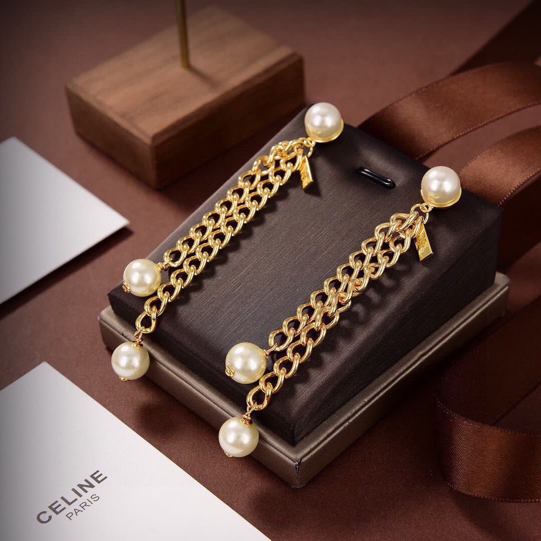 Celine Gold Chain Pearl Drop Earrings