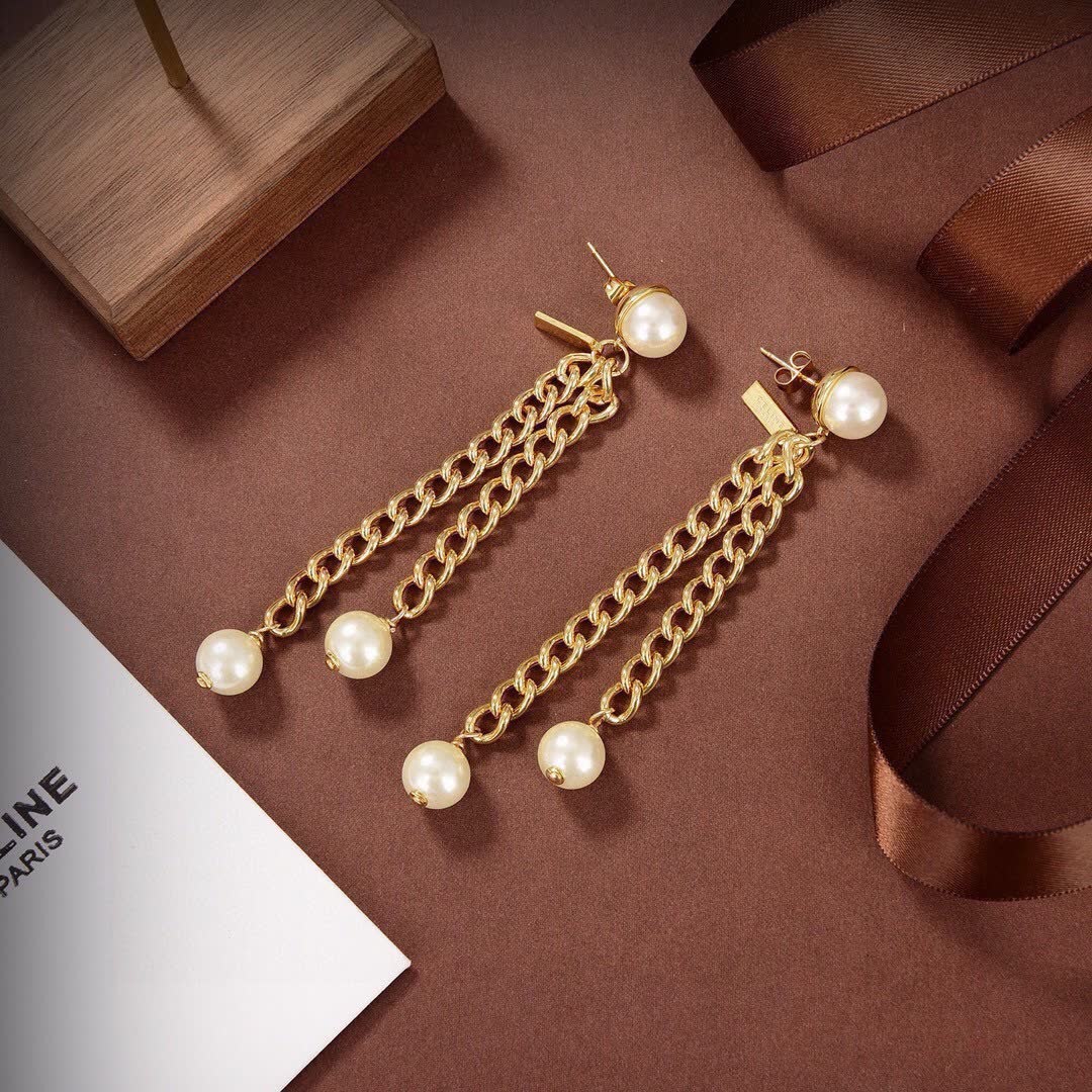 Celine Gold Chain Pearl Drop Earrings