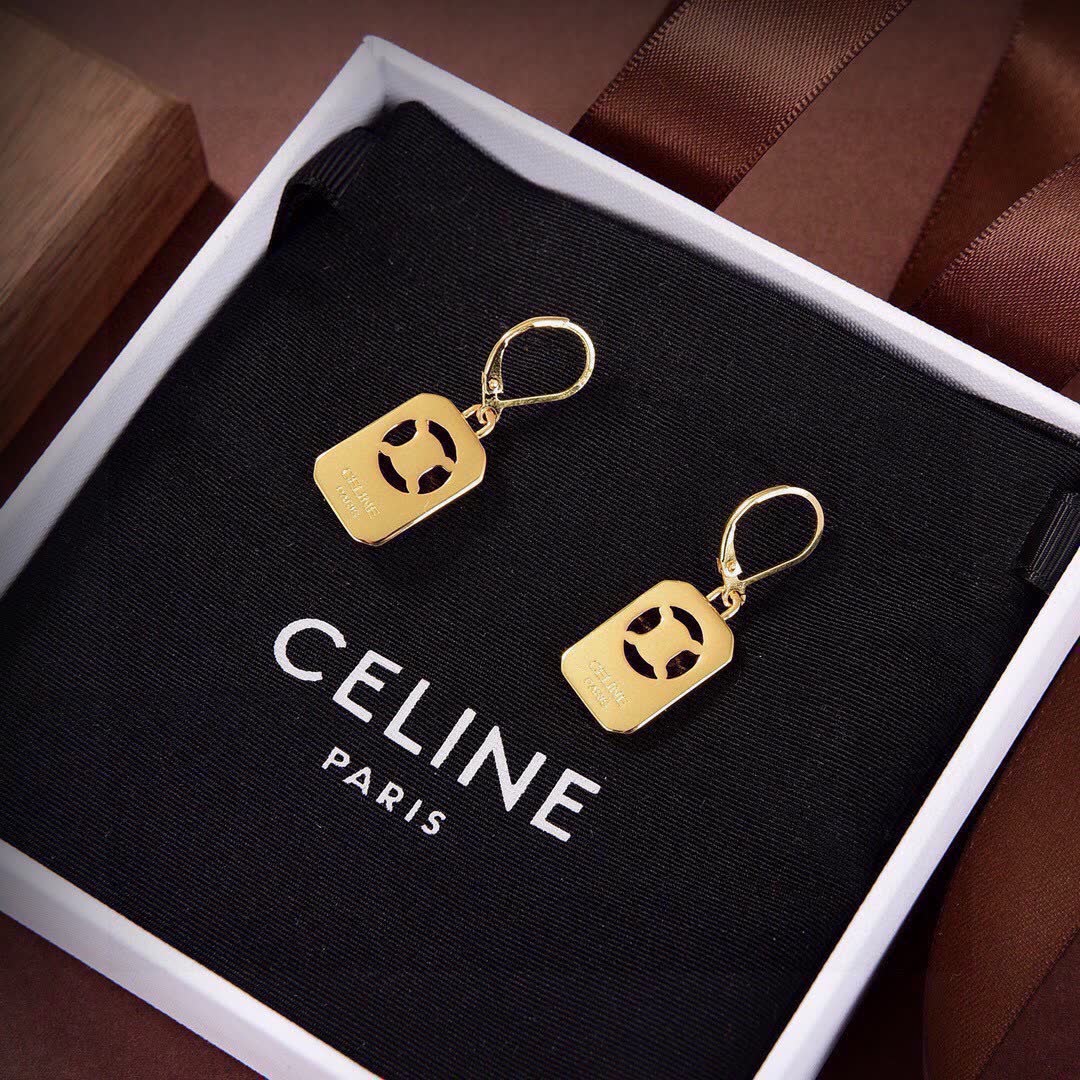 Celine Paris Gold Tone Logo Earrings