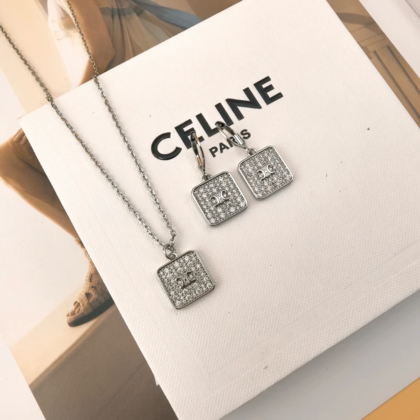 Celine AnOrange Silver Plated Cubic Zirconia Square Pendant Necklace