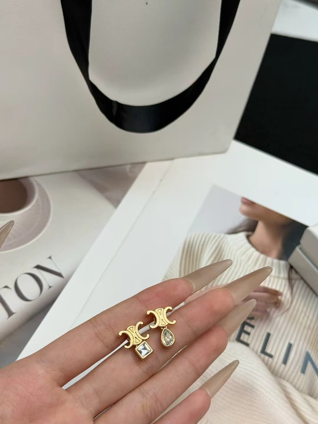 Celine Gold Tone Crystal Stud Earrings
