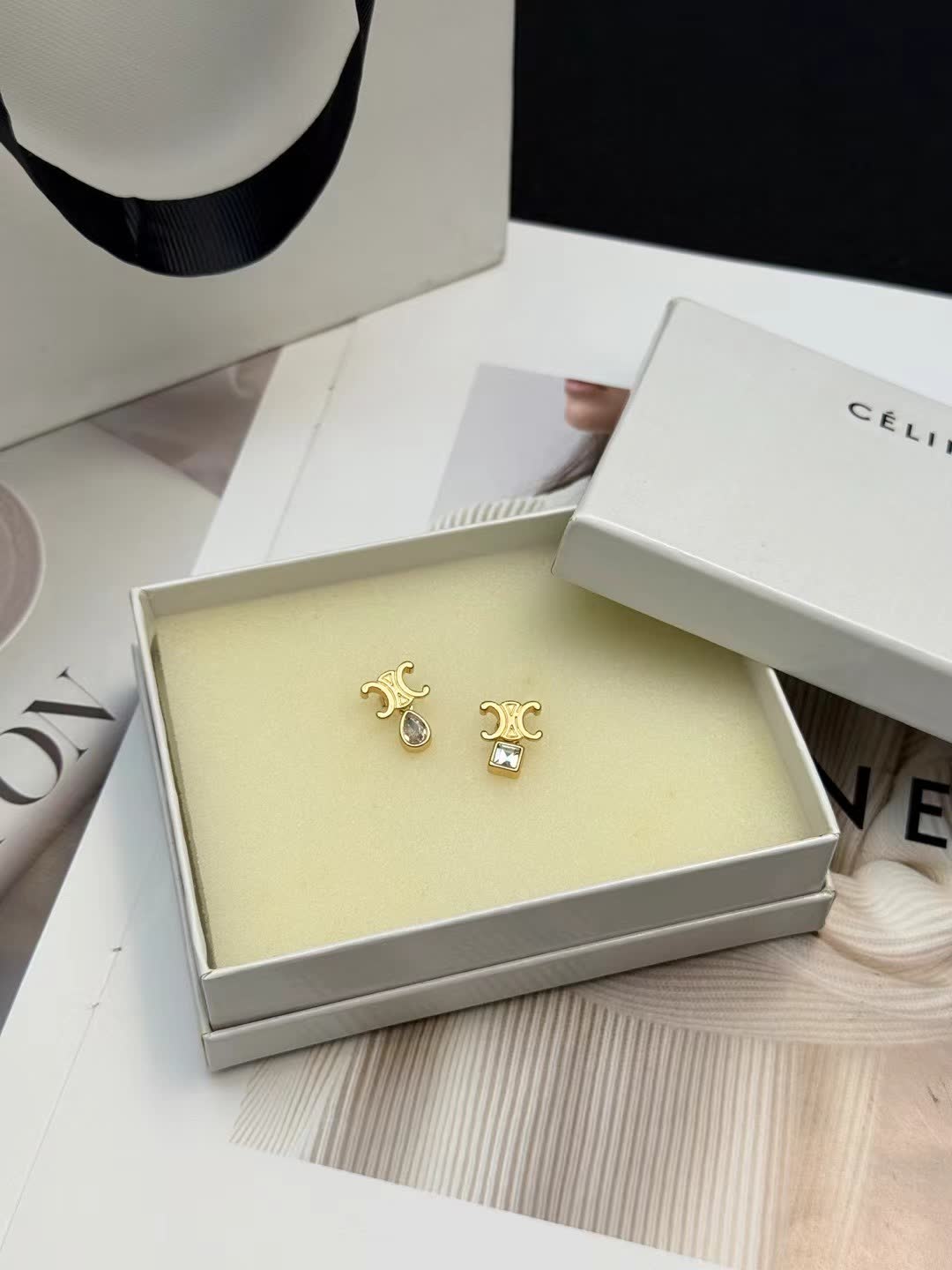 Celine Gold Tone Crystal Stud Earrings