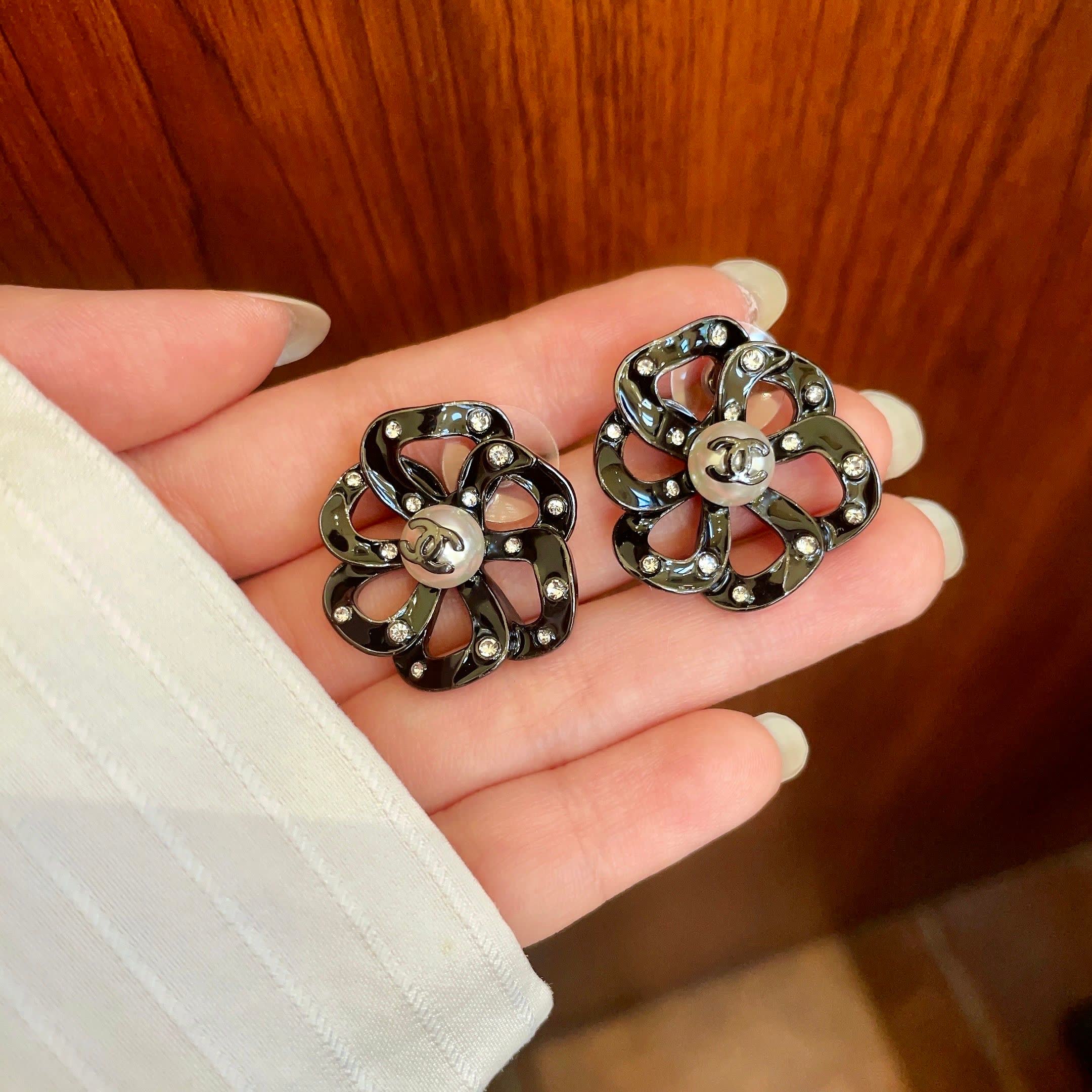 Chanel Black Flower Earrings