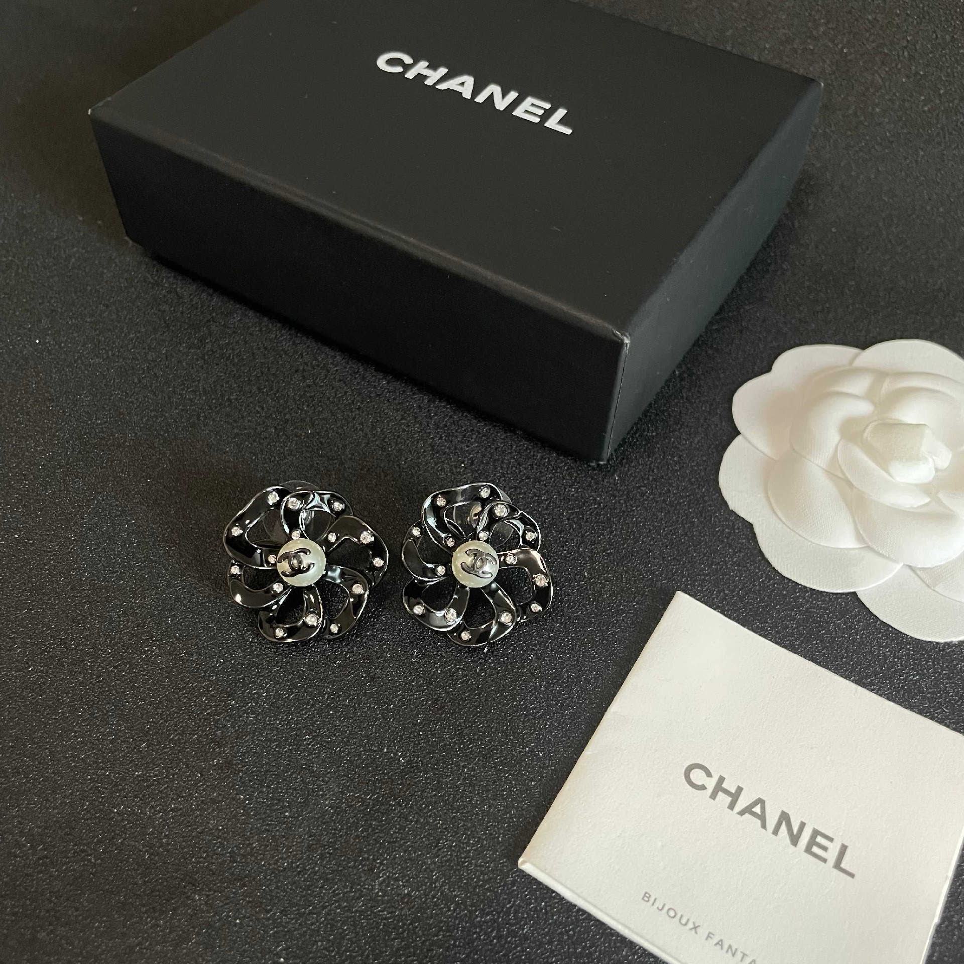 Chanel Black Flower Earrings