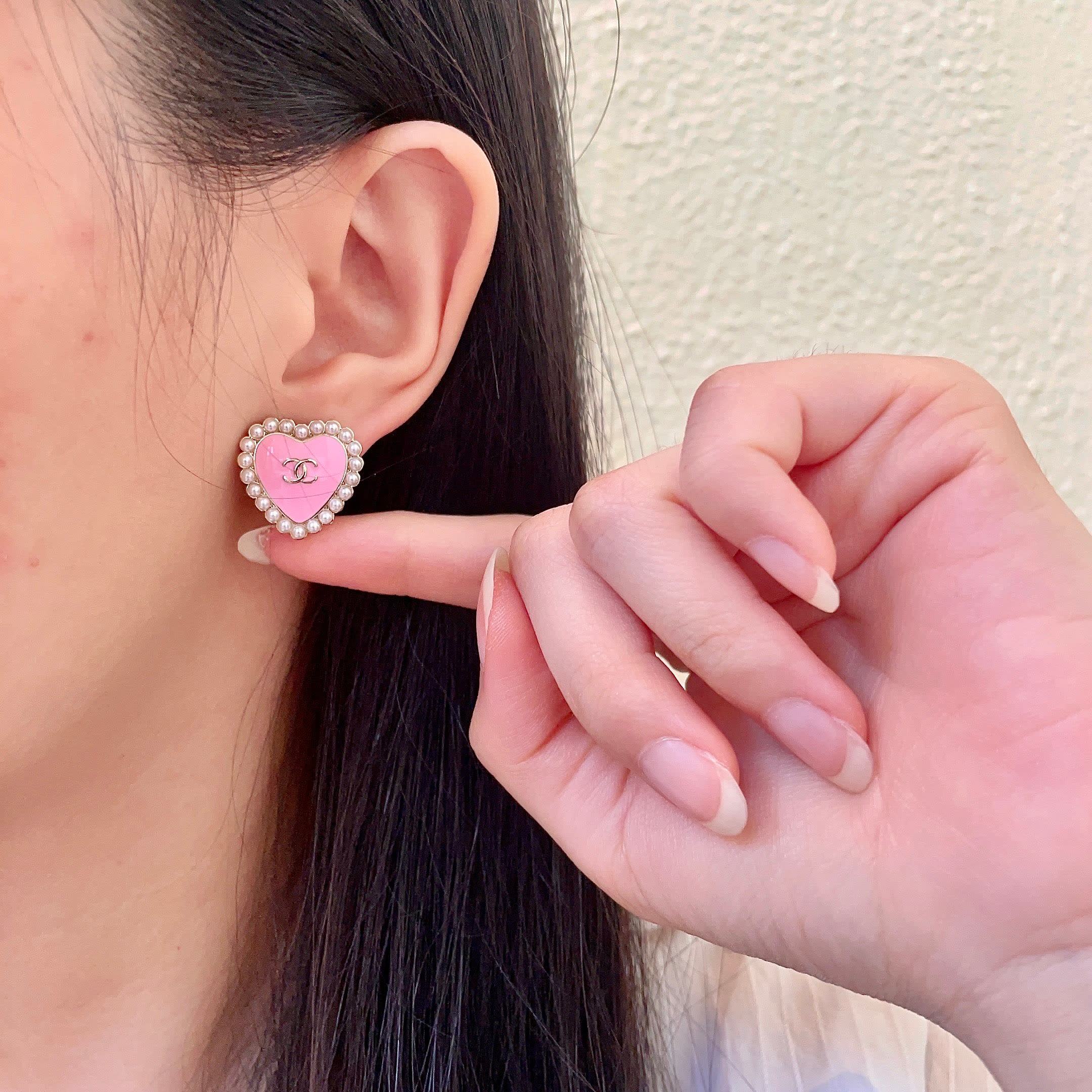 Chanel Pink Heart Pearl Earrings