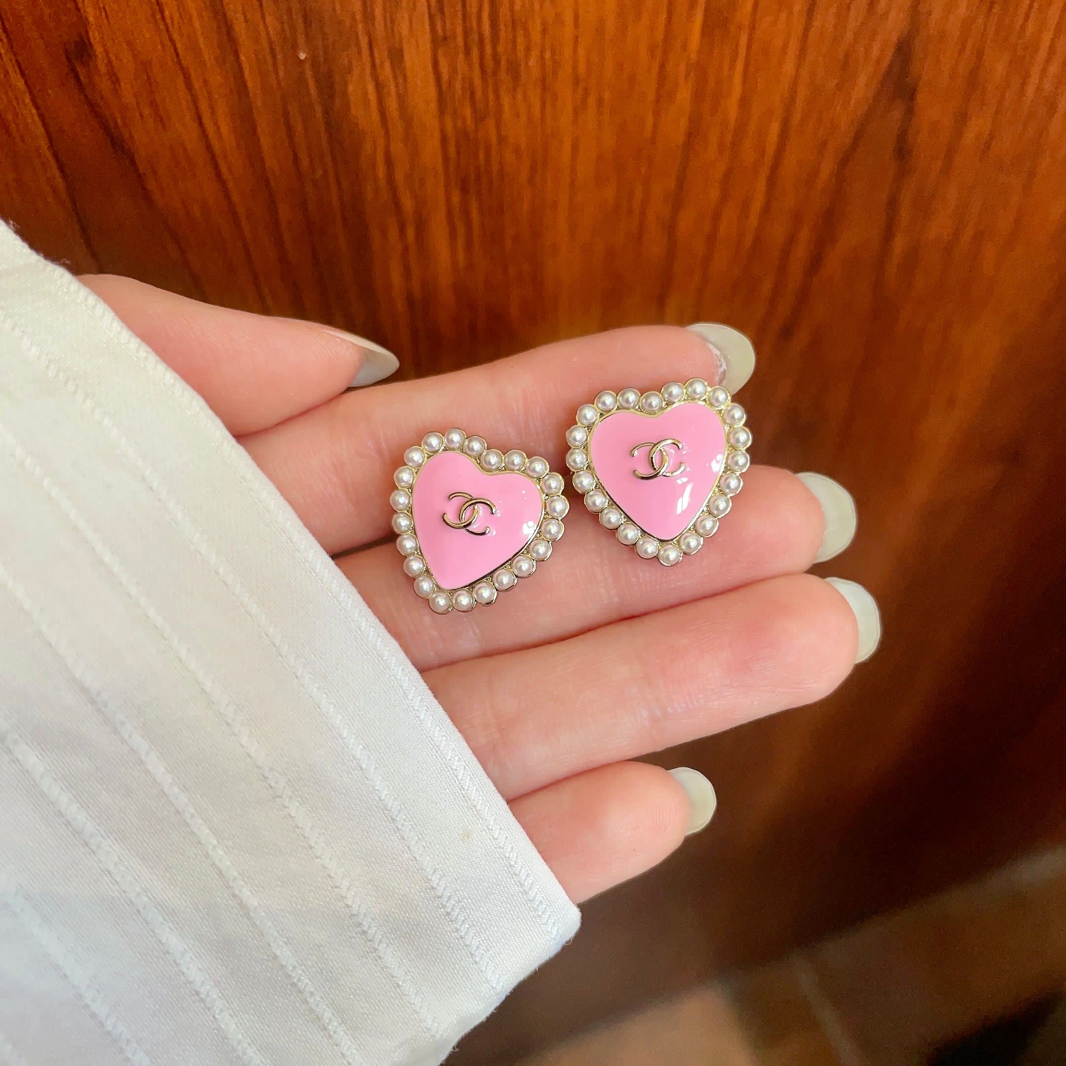 Chanel Pink Heart Pearl Earrings