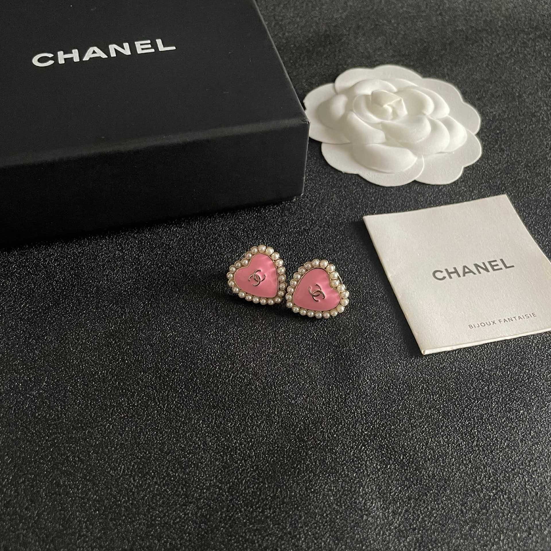 Chanel Pink Heart Pearl Earrings