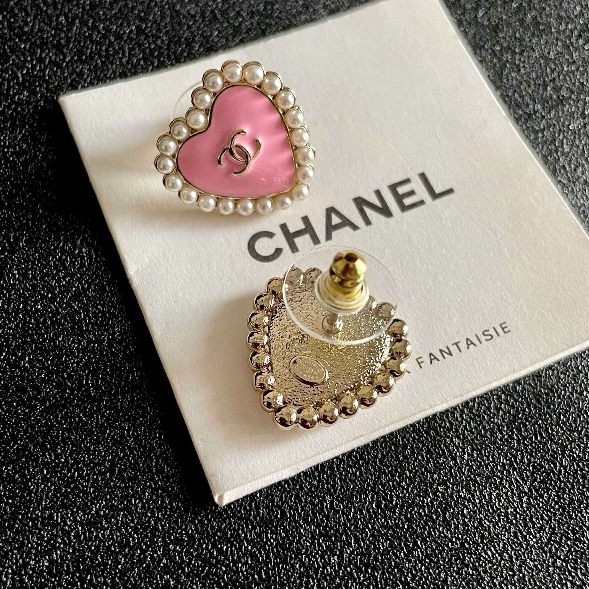 Chanel Pink Heart Pearl Earrings
