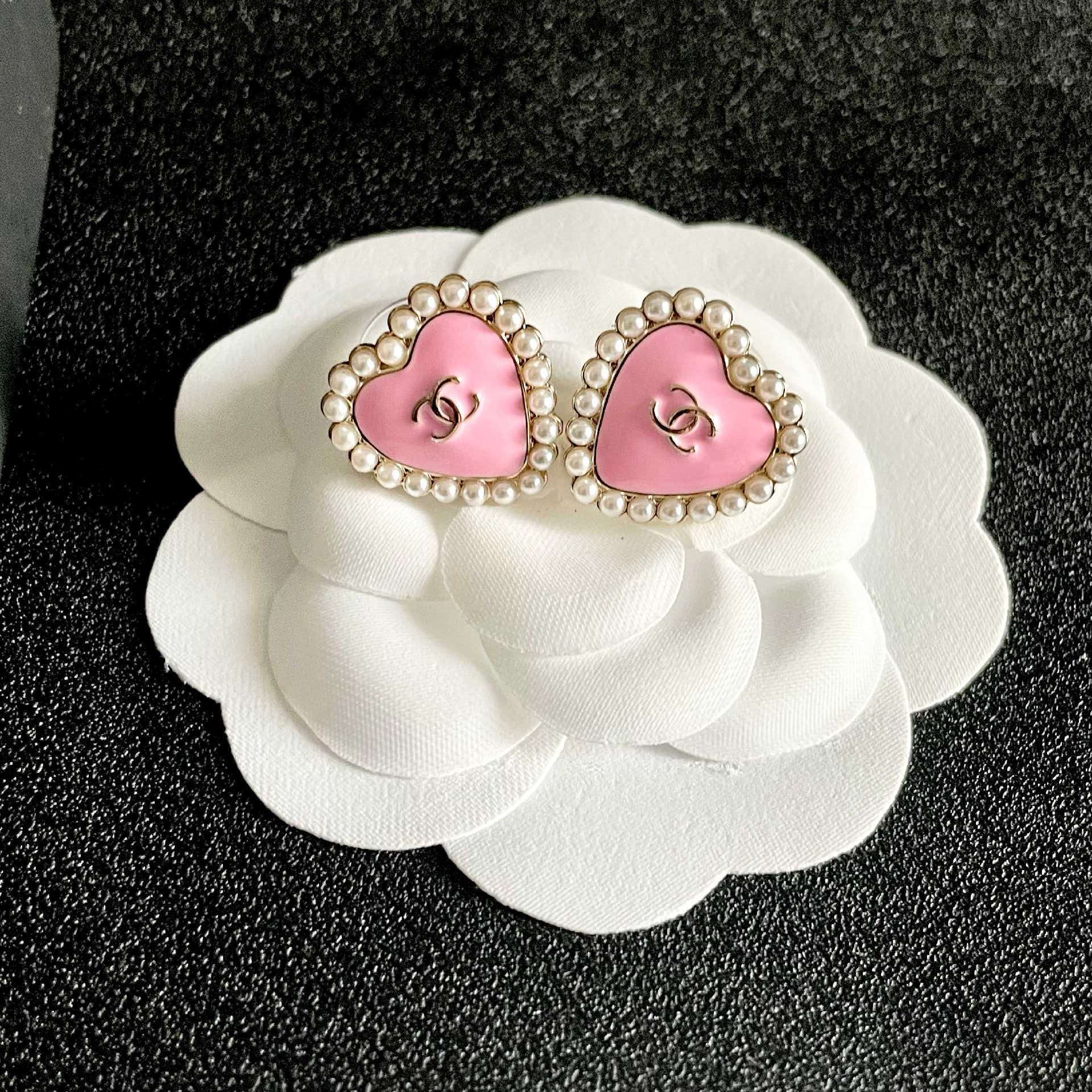 Chanel Pink Heart Pearl Earrings