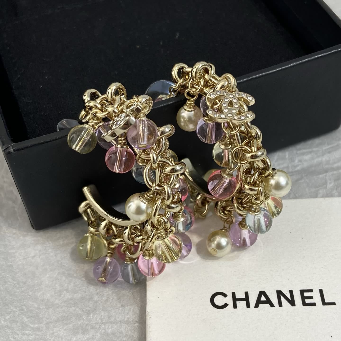 Chanel Gold Tone Crystal and Pearl Earrings